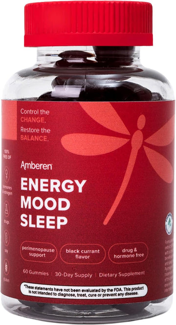 Amberen Energy, Mood, Sleep Gummies With Pycnogenol, Black Currant Flavor, Support Supplements For Women 35+ To Boost Energy, Support Mood And Improves Sleep, Hormone-Free Gummies, 60 Count