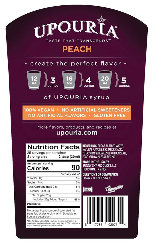 Upouria Peach Flavored Syrup, Great For Iced Teas, Sodas, Lemonades And Cocktails, 100% Vegan, Gluten-Free, Kosher, 750 Ml Bottle - Syrup Pump Included