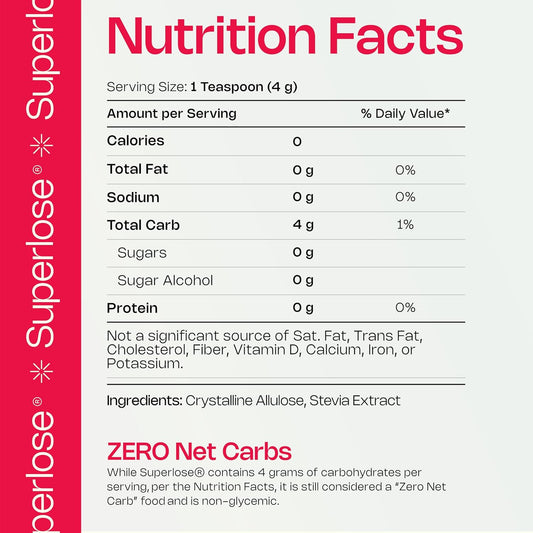 Superlose | The Superior Allulose | Keto Sugar Alternative | 100% Natural No Bitter Aftertaste | Zero Net Carb Sweetener | Ketogenic And Diabetic Approved Sugar Replacement (12Oz)