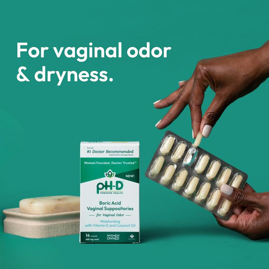 Ph-D Feminine Health - Boric Acid Moisturizing Suppository - Woman Owned - For Vaginal Odor - Paraben-Free And Cruelty-Free - 14 Count