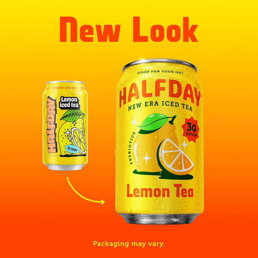 Halfday Prebiotic Lemon Iced Tea Cans, Supports Digestive & Gut Health, 6G Plant Fiber & Prebiotics, Low Sugar, 35 Calories, Real Brewed Tea, Natural Caffeine, Gluten Free, Keto, 12 Fl Oz (12 Pack) Packaging May Vary