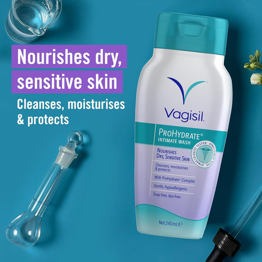 Vagisil Prohydrate Intimate Wash For Daily Feminine Hygiene For Dry & Sensitive Skin With Hyaluronic Acid, Cleanses, Moisturises & Protects, 240 Ml (Pack Of 2)