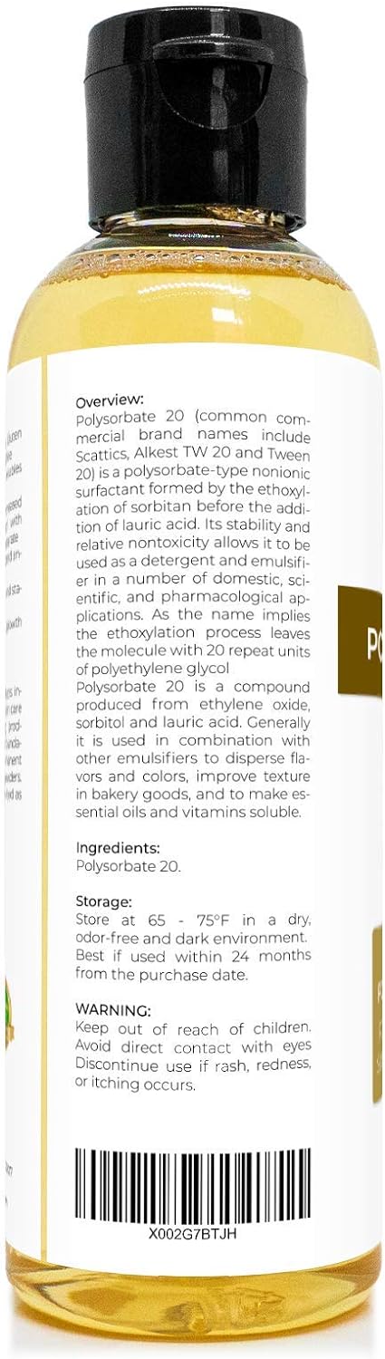 Polysorbate 20 by Velona - 4 oz | Solubilizer, Food & Cosmetic Grade | All Natural for Cooking, Skin Care and Bath Bombs : Beauty & Personal Care