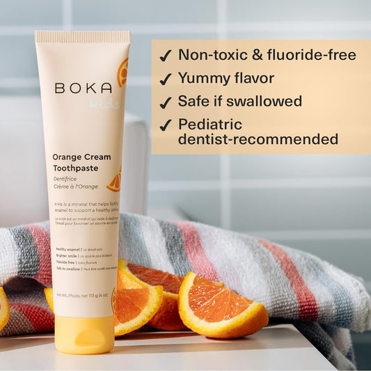 Boka Fluoride Free Toothpaste- Nano Hydroxyapatite, Remineralizing, Sensitive Teeth, Whitening- Dentist Recommended For Adult, Kids Oral Care- Orange Cream Flavor, 4Oz 3Pk