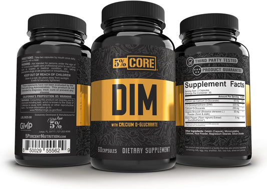 5% Nutrition Core Dim Supplement | Estrogen Regulation Support For Men & Women | Natural Diindolylmethane W/Calcium D-Glucarate, Organic Broccoli Powder + Bioperine (30 Servings / 60 Vegcaps)