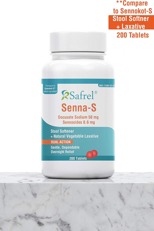 Safrel Senna-S | 200 Tablets | Natural Vegetable Laxative & Stool Softener | Constipation, Gas & Bloating Relief