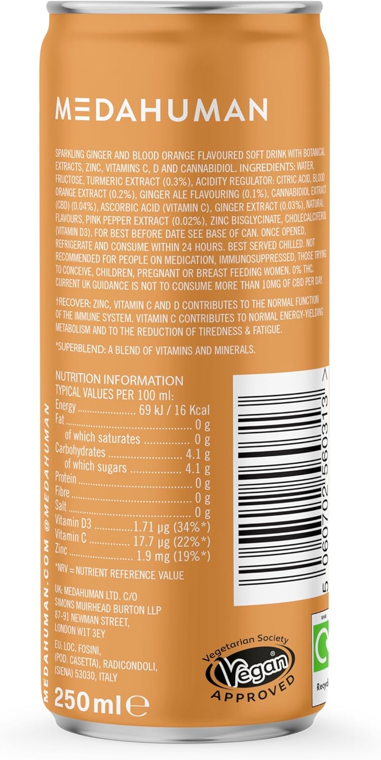 MEDAHUMAN CBD Drink (20mg), Recover, Blood Orange & Ginger, with Turmeric, Zinc, Vitamin C & D3, Low Calorie, Immune System Booster, Adaptogens & CBD Infused Fizzy Drink (Pack of 12 x 250ml) : Amazon.co.uk: Grocery
