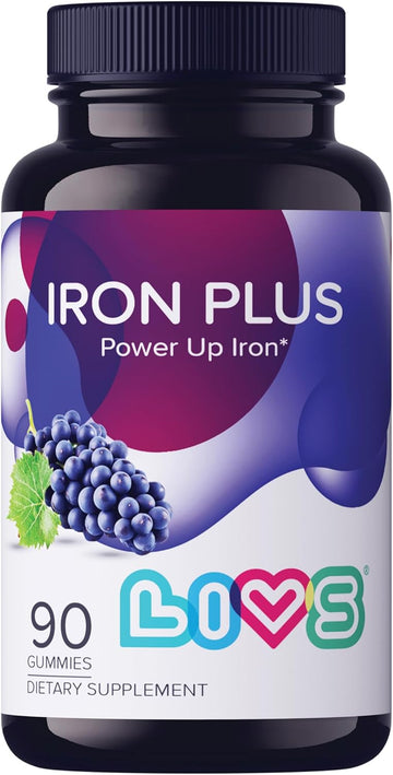 Livs Iron Plus Gummy Vitamin | Iron With Vitamin C | Made In Usa | Gummies For Adults & Kids | All-Natural, Gluten-Free, Non-Gmo & Vegan Supplement Gummies | Grape Flavored, 90 Count