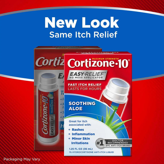 Cortizone-10 Maximum Strength Soothing Aloe Itch Relief No Mess Applicator, 1% Hydrocortisone, Fast-Acting, Anti-Itch Liquid For Bug Bites, Rash, Eczema, Psoriasis, Poison Ivy, Oak & Sumac, 1.25 Fl Oz