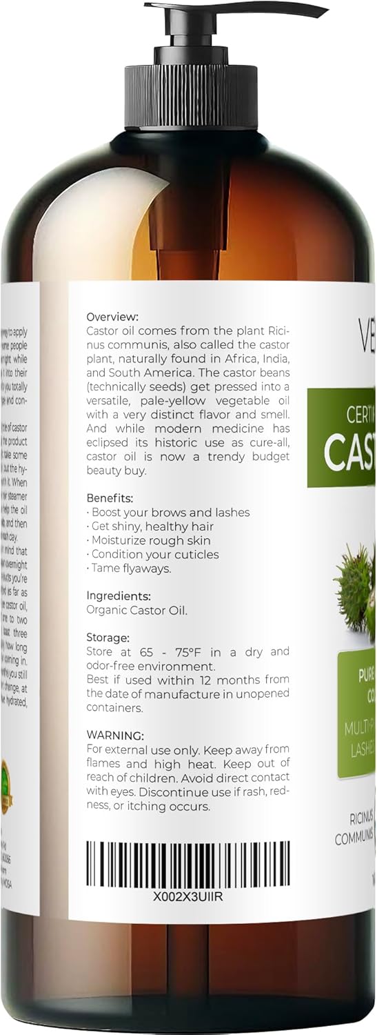 velona USDA Certified Organic Castor Oil - 16 oz (With Pump) | For Hair Growth, Boost Eyelashes, Eyebrows | Cold pressed, Natural Oil, USP Grade | Hexane Free, Lash Serum, Caster : Grocery & Gourmet Food