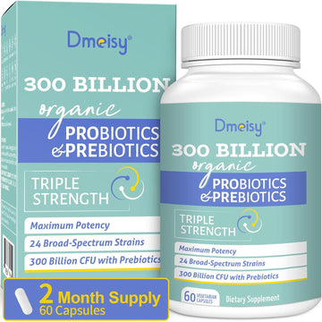 Probiotics For Women And Men, 300 Billion Cfu 24 Strains Probiotics + 15 Organic Herbs Prebiotics Blend, Shelf Stable Gut Health Supplement For Digestive Immune & Whole-Body Health, 2 Month Supply