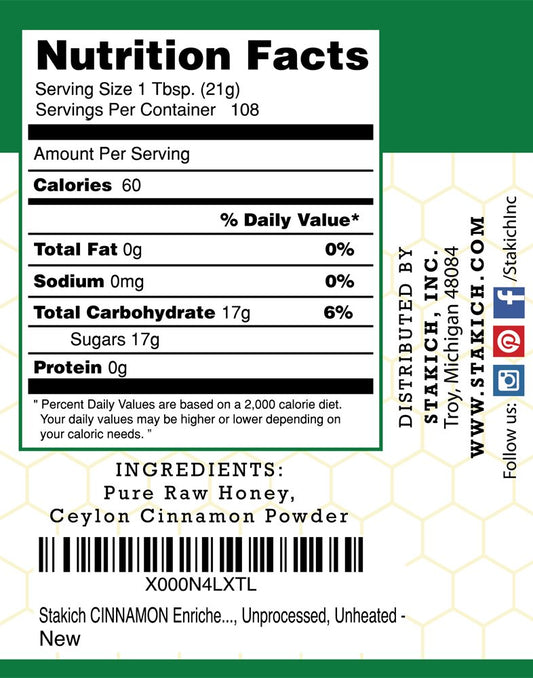 Stakich Cinnamon Enriched Raw Honey - Unprocessed, Unheated - 5 Pound (80 Ounce)