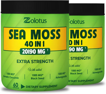 Zolotus (2 Packs 60 Capsules 20190Mg Sea Moss Supplement 40 In 1, With Turmeric Curcumin, Ashwagandha Root, Bladderwrack - Best Supplement For Immune System, Body Balance & Heart Health