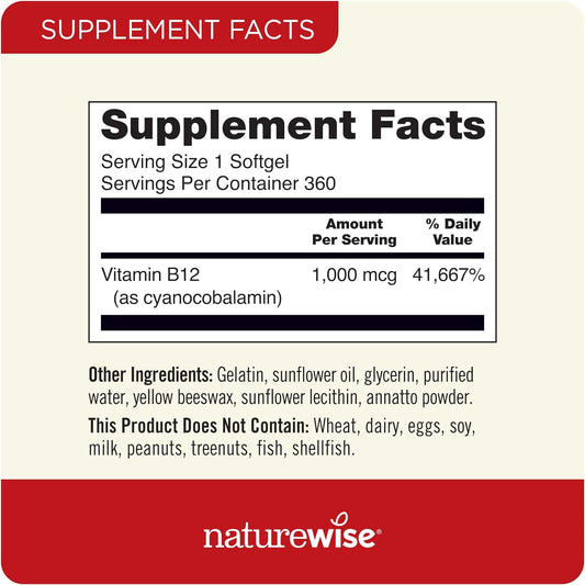 Naturewise Vitamin B12 1,000 Mcg For Mental Clarity & Cognitive Function Energy Support For Maximum Vitality And Wellbeing B12 (360 Softgels)