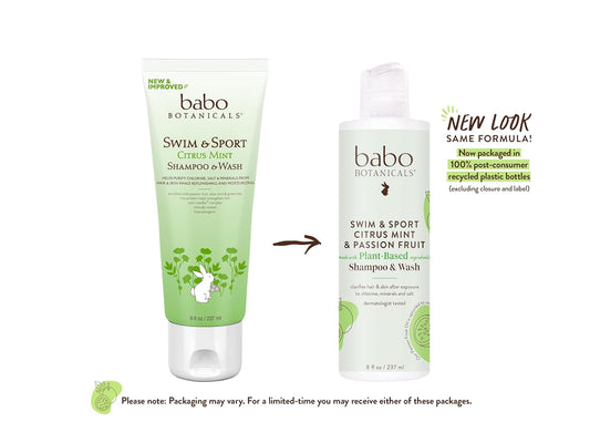 Babo Botanicals Swim & Sport Citrus Mint & Passion Fruit Shampoo & Wash - Purifying Cleanser For Hair & Body- Removes Chlorine & Sweat - For All Ages - Scented With Citrus & Peppermint Essential Oils