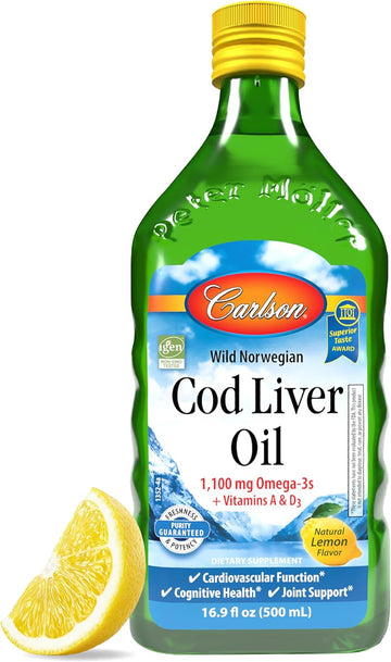 Carlson - Cod Liver Oil, 1100 Mg Omega-3S, Liquid Fish Oil Supplement, Wild-Caught Norwegian Arctic, Sustainably Sourced Nordic Fish Oil Liquid, Lemon, 500 Ml