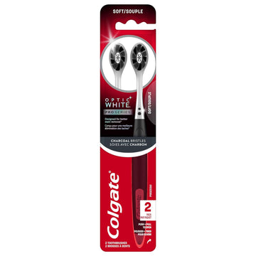 Colgate Optic White Pro Series Soft Toothbrush Pack, Made with Soft Charcoal Spiral Bristles, Helps Remove Surface Stains, Soft Bristled Toothbrushes, 2 Pack