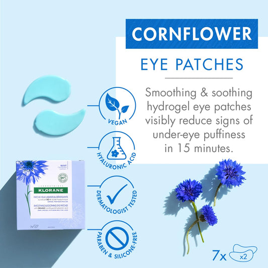 Klorane - Smoothing & Soothing Eye Masks with Cornflower & Plant-Based Hyaluronic Acid - Hydrogel Eye Patches For Puffy, Tired Eyes and Dark Circles - 7 ct