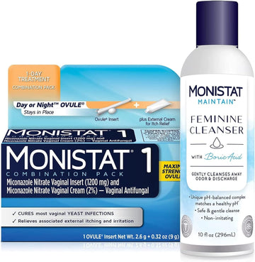 Monistat 1 Day Yeast Infection Treatment For Women, 1 Miconazole Ovule Insert & External Monistat Anti-Itch Cream Bundle + 10 Fl Oz Boric Acid Feminine Cleanser
