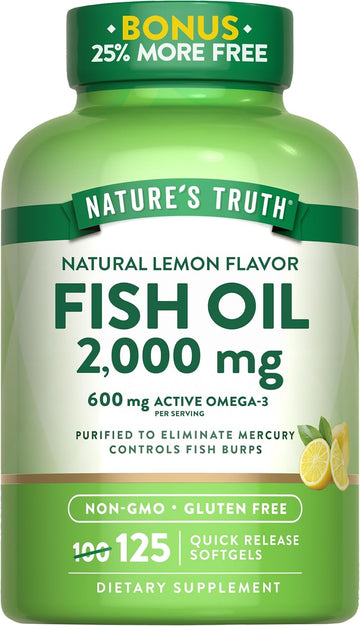 Nature'S Truth Omega 3 Fish Oil 2000 Mg | 125 Liquid Softgels | Burpless, Lemon Flavor Pills | Non-Gmo And Gluten Free Supplement