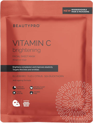 Beautypro Vitamin-C Face Mask Anti-Ageing Radiant Complexion Hydrating Brightening Collagen Facial Sheet Mask 100% Biodegradable Plant Based Natural Vegan Korean Skincare Multi Award Winning Brand
