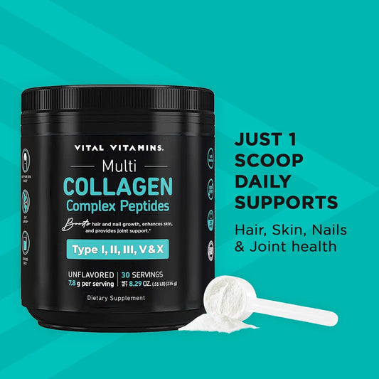 Vital Vitamins Multi Collagen Peptides Powder - Unflavored, Easy To Dissolve - Type I, Ii, Iii, V, X - For Women & Men - Promotes Hair, Skin, Nails, & Joint Health - 30 Servings