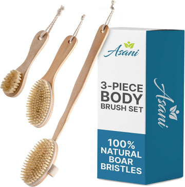 Asani Dry Brushing Body Brush Set For Lymphatic Drainage & Cellulite - 3-Pcs Detachable Back, Contour Body & Face Brushes Organic Gift For Dry Skin, Exfoliation, Invigorating Showers