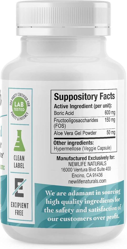 Newlife Naturals Boric Acid Vaginal Suppositories With Aloe Vera & Fos – Ph Balance, Odor & Itch Relief – 30 Count