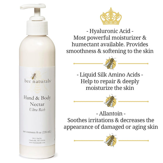 Bee Naturals Ultra-Rich Hand & Body Nectar - Nourishing 5-Oil & Shea Blend, Hydrating Honey & Beeswax - Softens, Moisturizes, Repairs Skin - Calming Natural Scent - Cruelty-Free, Made in USA