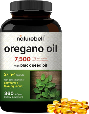 Naturebell Oregano Oil 7,500Mg With Black Seed Oil, 360 Softgels | 360-Day Supply Essential Oils For Immune Health | Retains High Concentrated Carvacrol & Thymoquinone β Non-Gmo