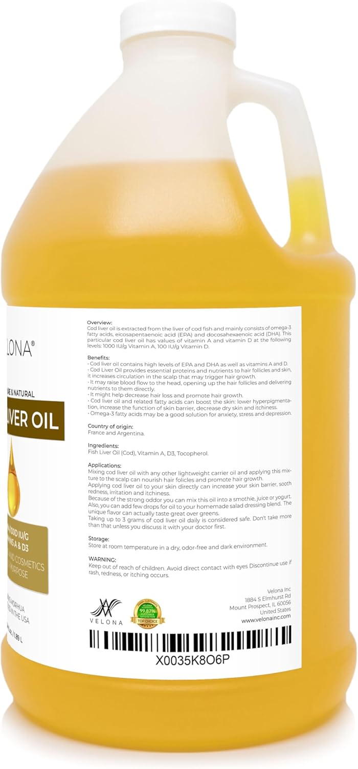 velona Cod Liver Oil - 64 oz | 1,000A/100D IU/g Omega 3 Vitamins A & D3 | Norwegian Arctic Sustainably Sourced Nordic Oil | Hair, Body and Skin Care | Use Today - Enjoy Results : Health & Household