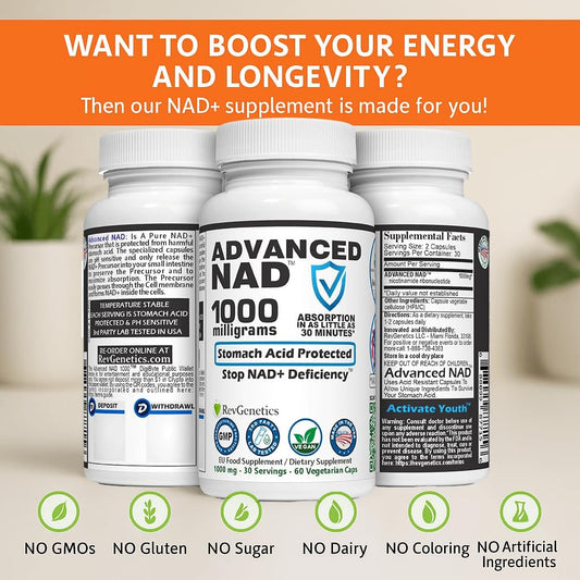 Nad Supplement Nad-1000 60 Capsules - Dietary Supplement For Healthy Aging And Vitality - Better Than Regular Nr And Nmn, As Product Uses Stomach Acid Protected Capsules & Absorbed Faster