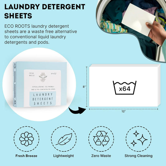 Eco Roots Laundry Detergent Sheets 64 Loads | Eco Friendly Unscented Sheets, Liquidless Travel Size Laundry Strips Detergent, Zero Waste Plastic Free Sustainable Washer Products