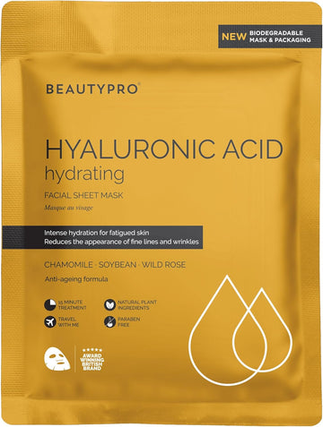 Beautypro Hyaluronic Acid Face Mask Anti-Ageing Hydrating Bamboo Facial Sheet Anti-Inflammatory Natural Moisturising Soothing Korean Vegan Skincare 100% Biodegradable Multi-Award Winning Brand