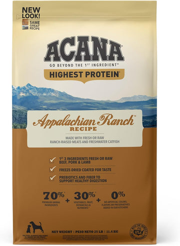 Acana Highest Protein Dry Dog Food, Appalachian Ranch, Beef Recipe, 25Lb