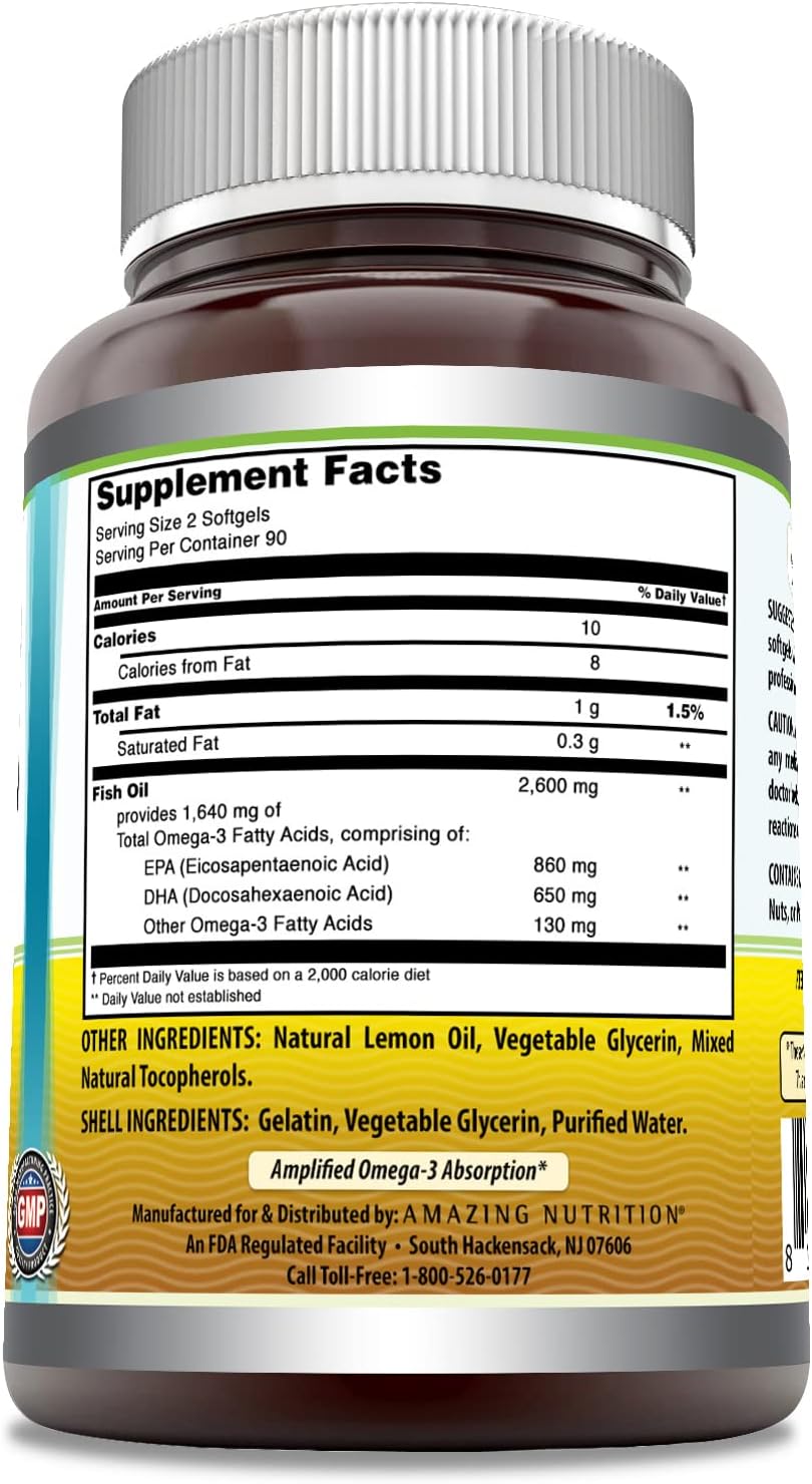 Amazing Omega Fish Oil (Omega-3) 1300mg 180 Softgels Supplement | Lemon avor | Non-GMO | Gluten Free | Made in USA
