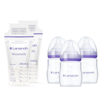 Lansinoh Breastmilk Storage Bags, 200 Count, Breast Milk Storage Bags For Feeding, Baby Essentials, Strong Double-Sealed, 6Oz + Lansinoh Anti-Colic Baby Bottles For Breastfeeding Babies, 5Oz, 3 Count