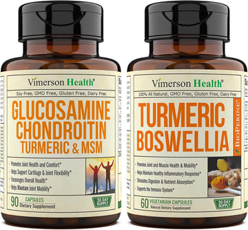 Vimerson Health Glucosamine Chondroitin Msm + Turmeric Boswellia Ginger Bundle. Occasional Joint Discomfort Relief, Balanced Inflammation, Strong Cartilage And Tissue Support, Antioxidant Properties