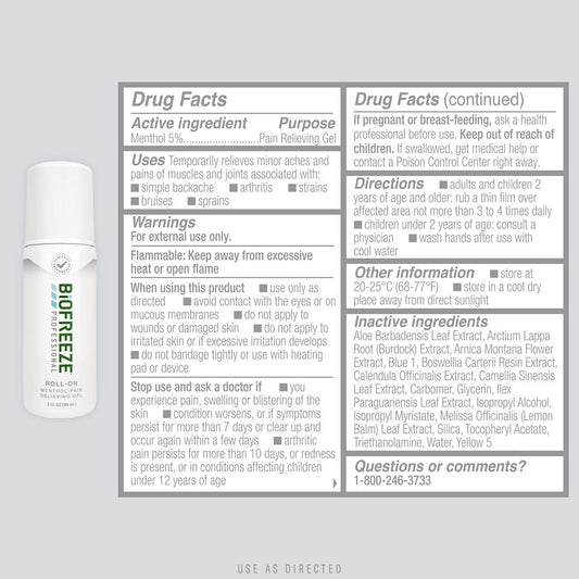 Biofreeze Professional Strength Pain Relief Roll-On, Arthritis Pain Reliver, Knee & Lower Back Pain Relief, Sore Muscle Relief, Neck Pain Relief, Fsa Eligible, 3 Fl Oz Biofreeze Menthol Roll-On