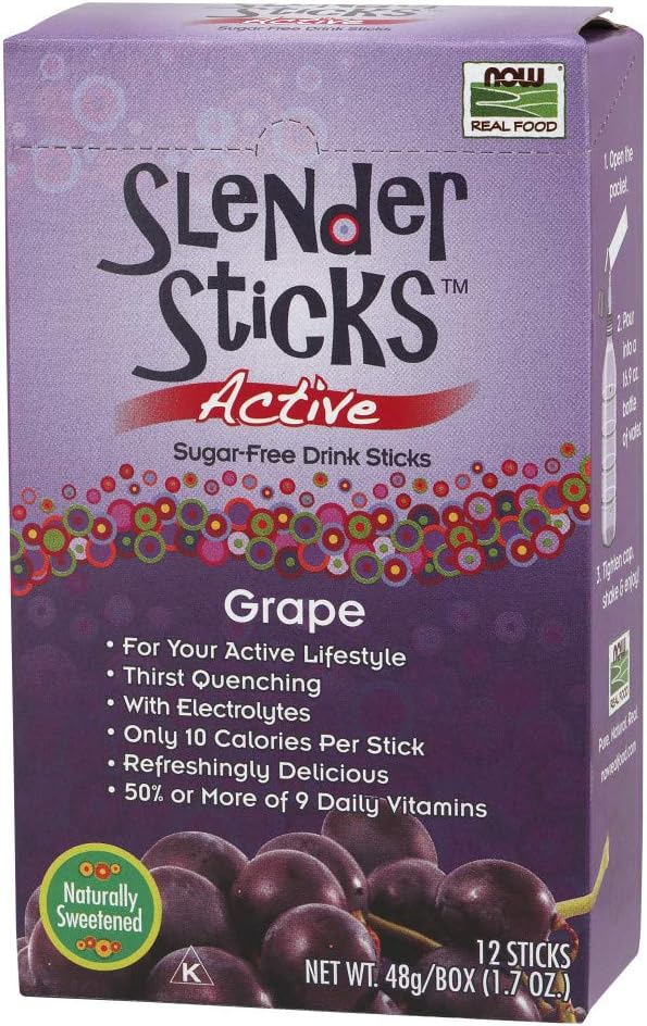 Now Foods, Slender Sticks, Grape Flavor, Sugar-Free Drink Sticks With Electrolytes For Your Active Lifestyle, 10 Calories/Stick, 12/Box (Pack Of 4)