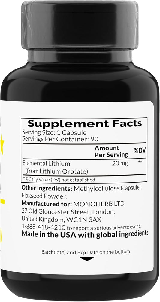 Lithium Orotate 20 Mg Of Elemental Lithium Per Capsule - 90 Vegetarian Capsules