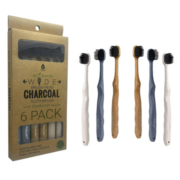 Pursonic Wide Brush Head Charcoal Toothbrush With Eco-Friendly Cedarwood Handle, 6-Pack