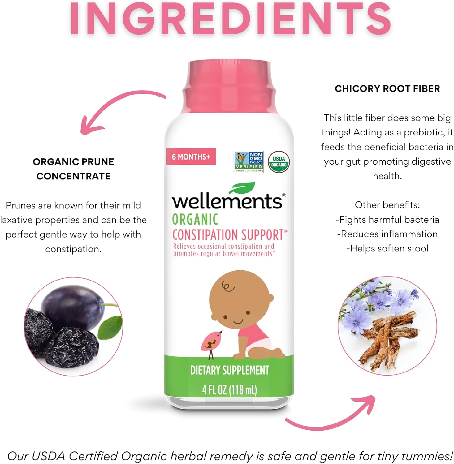 Wellements Organic Constipation Support | Safe and Gentle Organic Constipation Relief for Infants, Babies and Toddlers | No Harsh Laxatives | USDA Certified Organic | 4 Fl Oz. 6 Months + : Baby