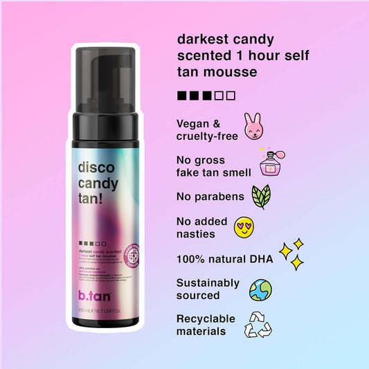 b.tan Dark Self Tanner Kit | Disco Candy Tan Bundle - 1hr Sunless Tanner Mousse, Candy-Scented, Sweat-Proof & Transfer Resistant, No Fake Tan Smell, No Added Nasties, Vegan, Cruelty Free, 6.7 Fl Oz