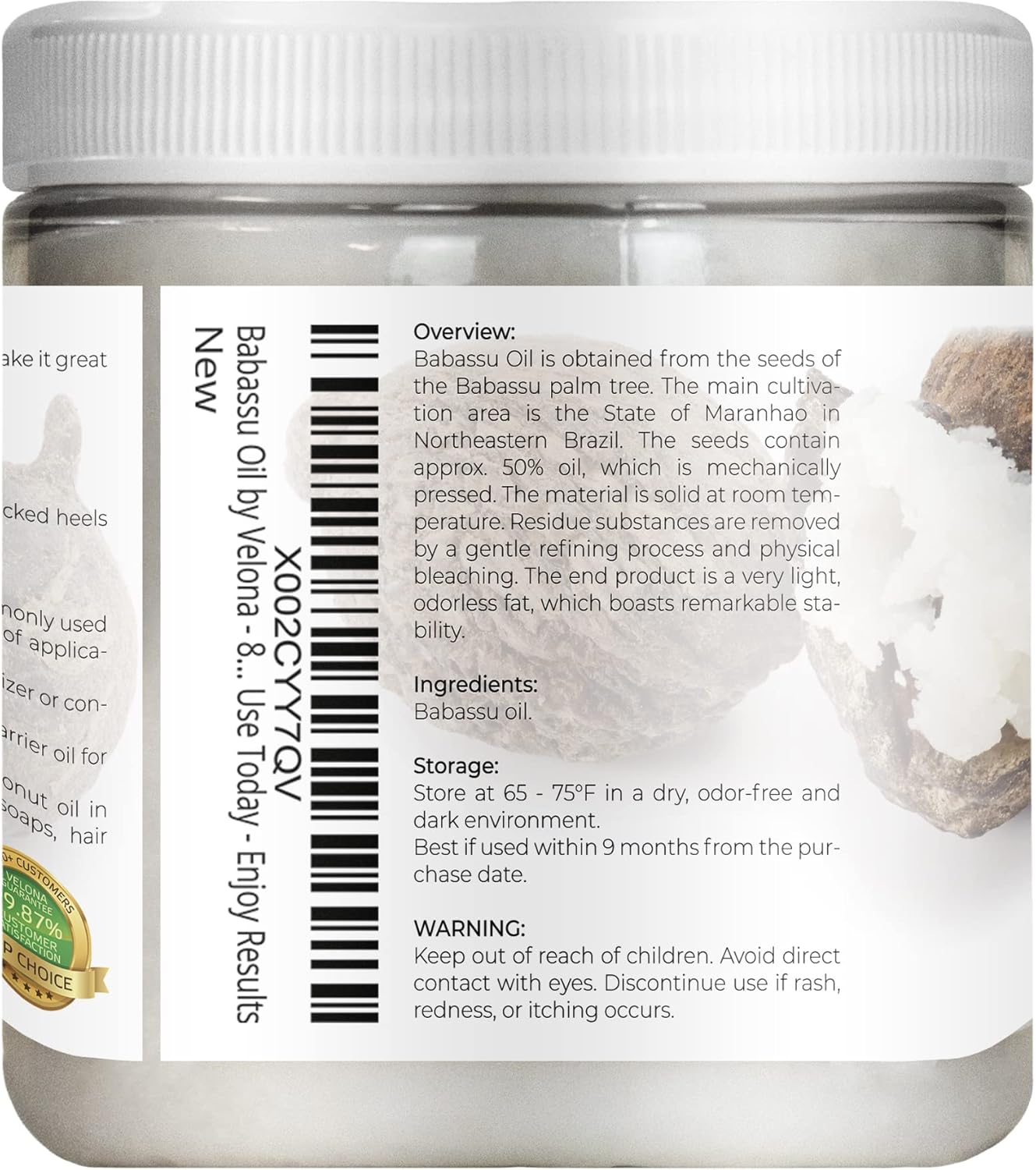 velona Babassu Oil USDA Certified Organic - 8 oz | 100% Pure and Natural Carrier Oil | Refined, Cold Pressed | Face, Hair, Body & Skin Care and Cooking | Use Today - Enjoy Results… : Grocery & Gourmet Food