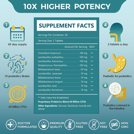 Probiotics For Men, Probiotics And Prebiotics For Digestive Health, 90 Tablets, 60 Billion Cfus For Immune And Gut Health, 10 Strains, Hypoallergenic Probiotics, Shelf Stable, Gluten & Soy Free