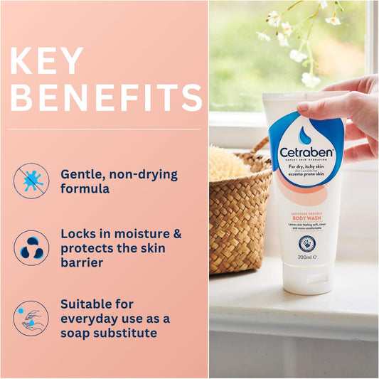 Cetraben Moisture Protect Body Wash, Gentle And Non-Drying Formula, Locks In Moisture, Leaves Skin Soft, Clean And More Comfortable, Avoid Irritation, For Use In The Shower Or Bath, 1 X 200Ml