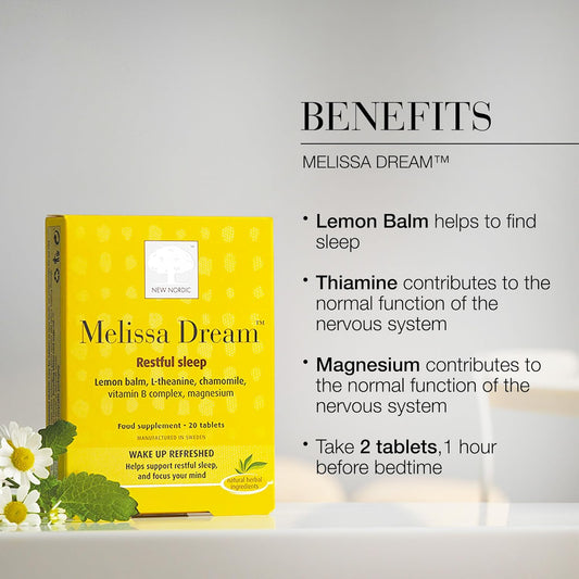 New Nordic Melissa Dream - Melatonin-Free Natural Sleep Aid & Insomnia Relief For Adults - Magnesium & Chamomile - 40 Herbal Sleeping Tablets