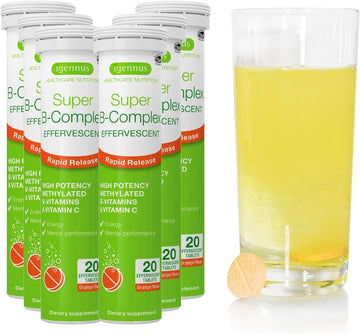 Super B-Complex Liquid B-Vitamin Effervescent Drink, Methylated, Fast Action Energy Supplement, Caffeine-Free, Sugar-Free, Orange Flavor, Vegan, 120 Effervescent Tablets, By Igennus
