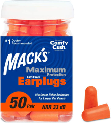 Macks Maximum Protection Soft Foam Earplugs  50 Pair, 33 Db Highest Nrr  Comfortable Ear Plugs For Sleeping, Snoring, Loud Concerts, Motorcycles And Power Tools | Made In Usa